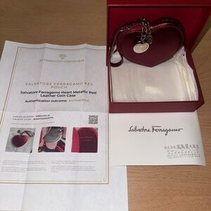 Salvatore Ferragamo Metallic Red Heart Coin Pouch with Charm with COA